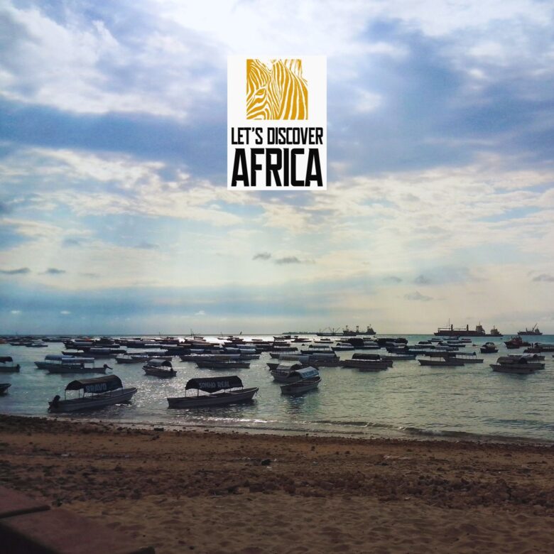 Beach scene with numerous small boats on calm water; a white vertical banner in the center shows a yellow zebra motif and the text 'LET'S DISCOVER AFRICA'.