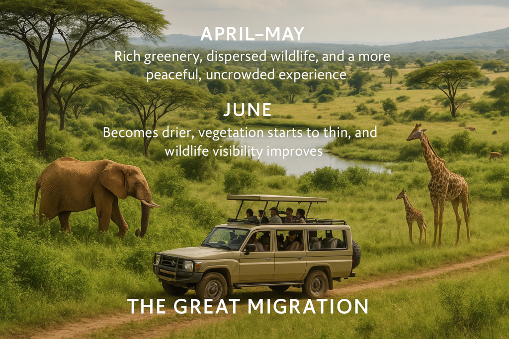 Lush Serengeti landscape during April to June safari season